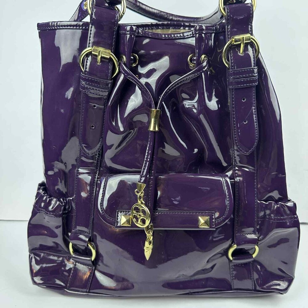 IMAN Patent Leather Convertible Tote Bag – Deep Plum Purple w/ Gold Hardware